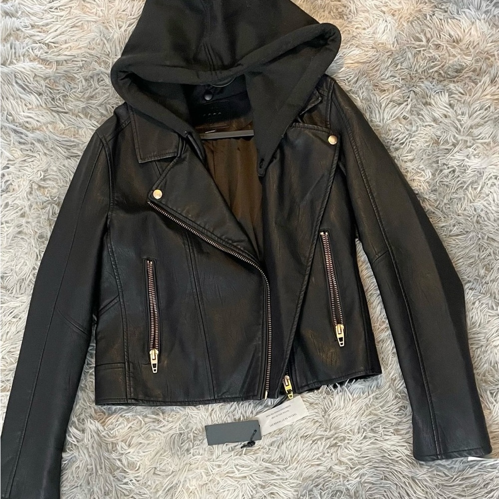 Blank NYC Black Leather Jacket with Hood